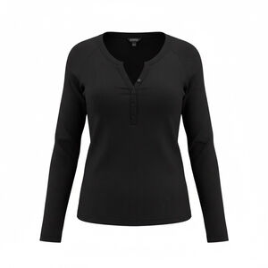 George Black Long Sleeve Henley Buttoned Top Size M Minimalist Casual Ribbed